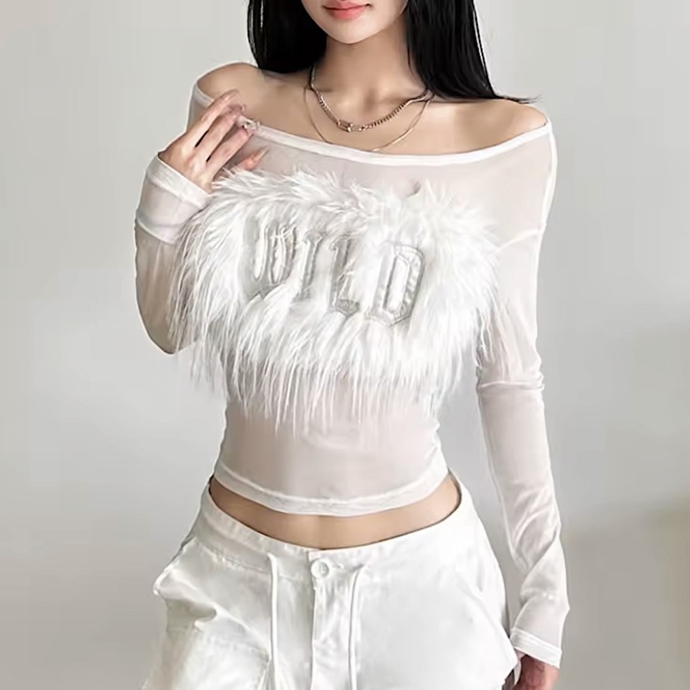 Wild faux fur long sleeve mesh top